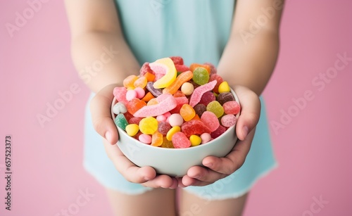 Children's hands hold a bowl of candies on a pastel background.