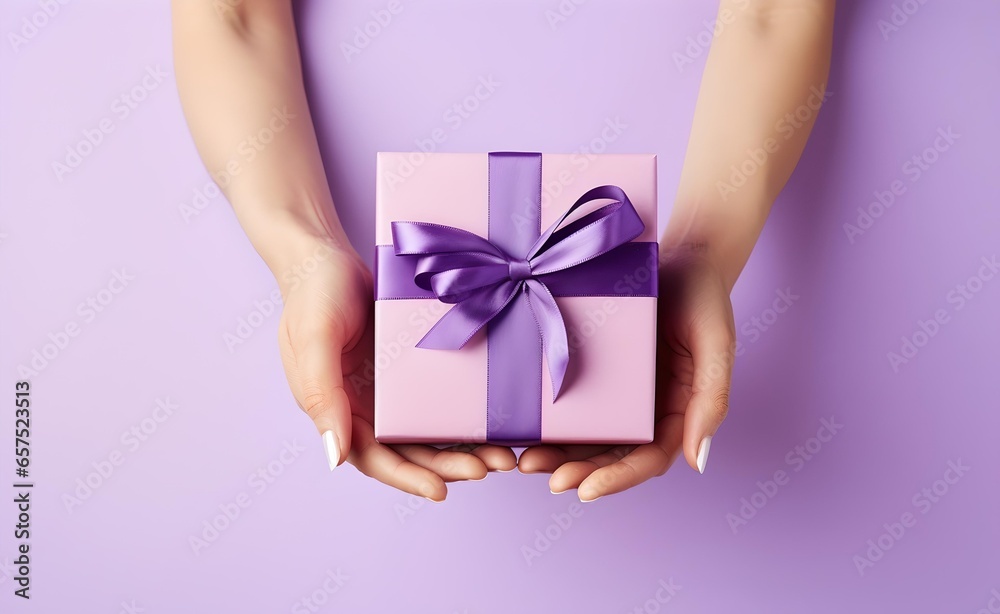 Female hands holding a purple gift box with a bow against pastel background. Female hands holding a purple gift box with a bow against pastel background.