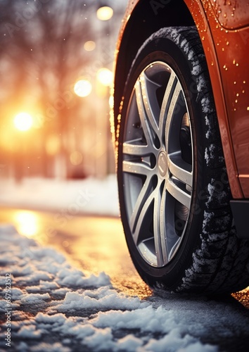 Winter snowy car tires in the snowing winter season on wet road. Generative Ai.