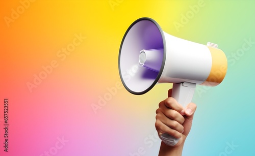 Hand holding megaphone, marketing and sales, pastel background.