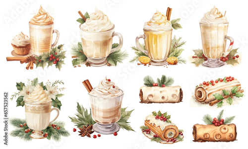 set of watercolor christmas Eggnog and Yule Log isolated on white background vectors