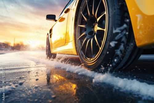 Winter snowy car tires in the snowing winter season on wet road. Generative Ai.