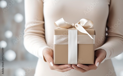Woman hands holding a beige color gift box with white ribbon.