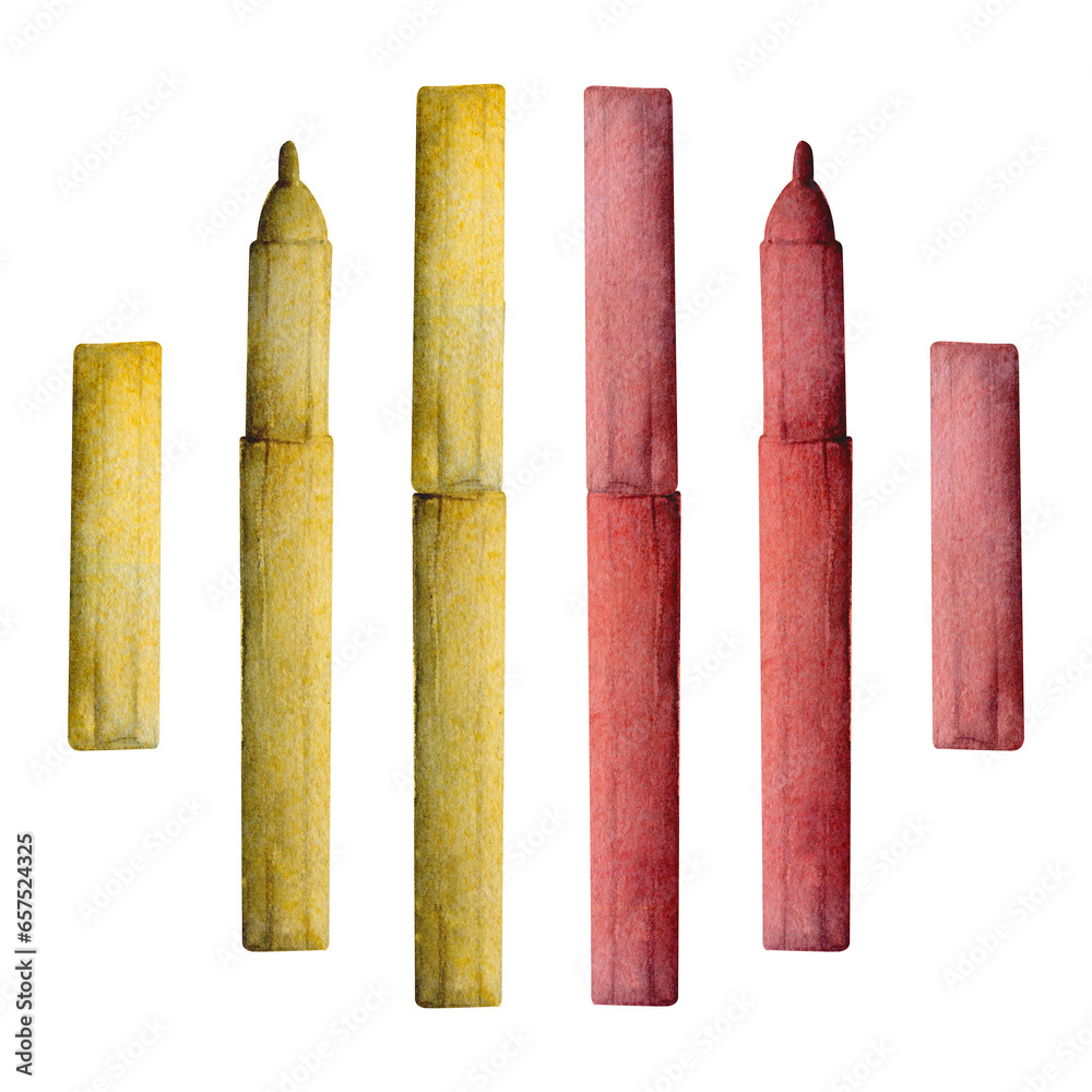 Watercolor hand drawn illustration, kids children painting materials supplies, mix color art markers pens stationery. Single object isolated on white. For school, kindergarten, party, shop, website Watercolor hand drawn illustration, kids children painting materials supplies, mix color art markers pens stationery. Single object isolated on white. For school, kindergarten, party, shop, website