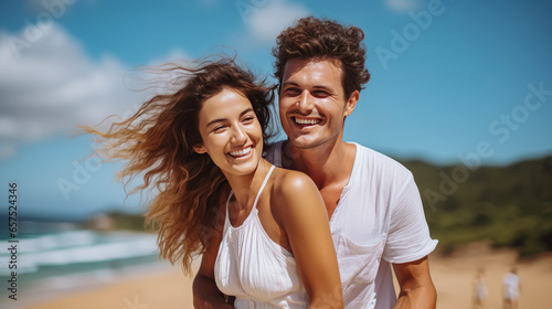 Portrait of smiling young couple on tropical beach , Summer , Holiday travel concept
