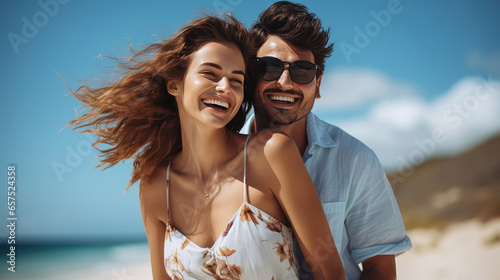Portrait of smiling young couple on tropical beach , Summer , Holiday travel concept