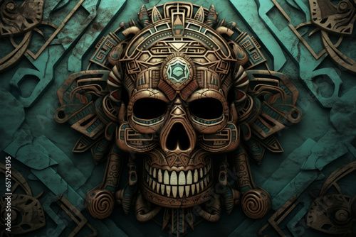 Illustration of an Aztec Skull with distressed ornaments on the background