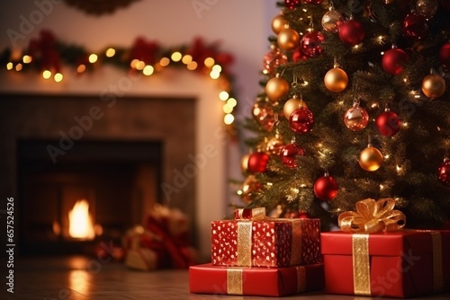 Cozy Christmas Scene: Decorated Tree, Fireplace, and Gifts