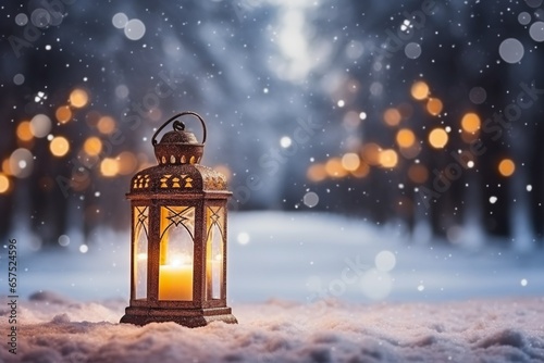 Snowy Winter Park Lantern Christmas Decoration with Bokeh