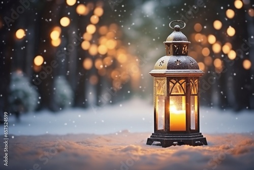 Snowy Winter Park Lantern Christmas Decoration with Bokeh © Cyprien Fonseca
