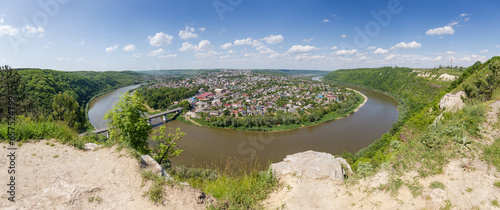 Panorama of scenic river loop in summer, Dniester river, Ukraine photo