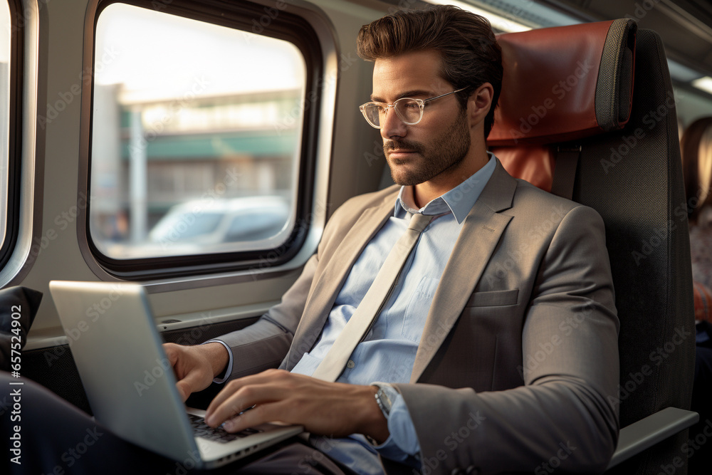 businessman on train using laptop