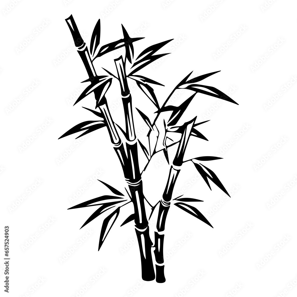 Obraz premium Set of bamboo silhouette on white background. Black bamboo stems, branches and leaves. 