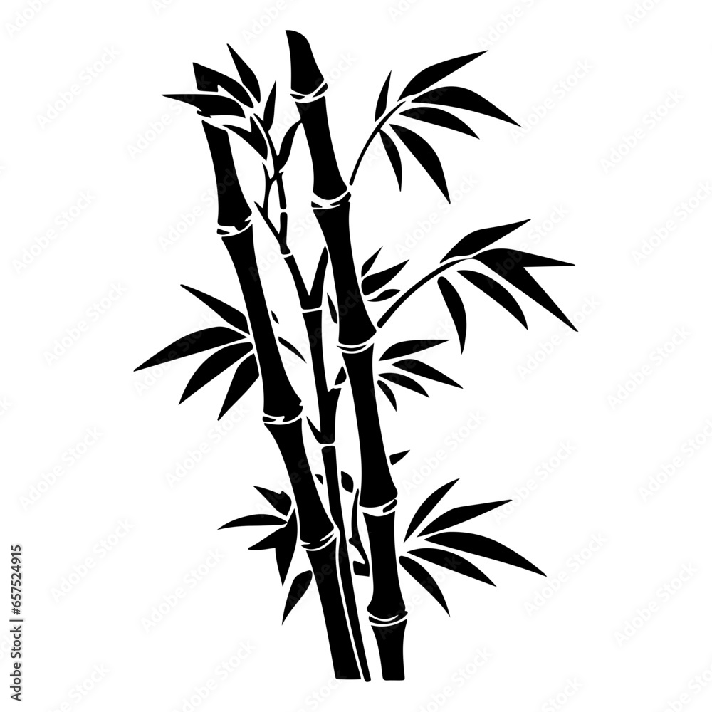 Fototapeta premium Set of bamboo silhouette on white background. Black bamboo stems, branches and leaves. 