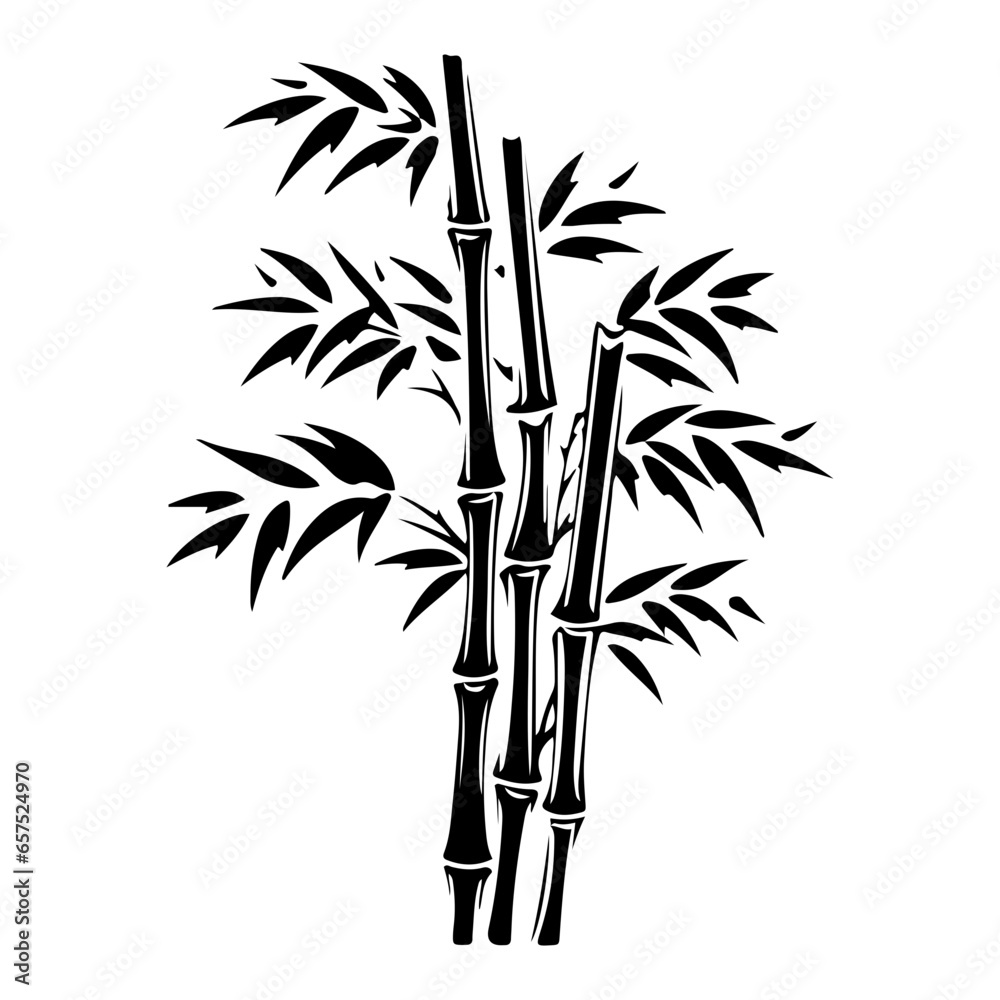 Naklejka premium Set of bamboo silhouette on white background. Black bamboo stems, branches and leaves. 