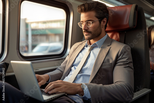 businessman on train using laptop © damien
