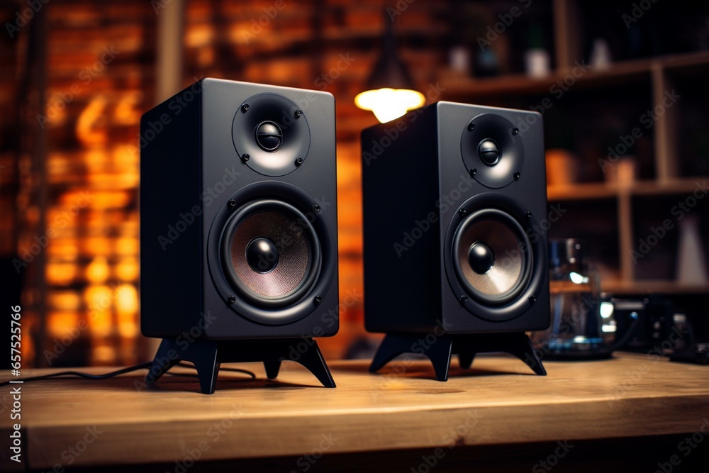 black stereo speakers. Generative AI - obrazy, fototapety, plakaty 