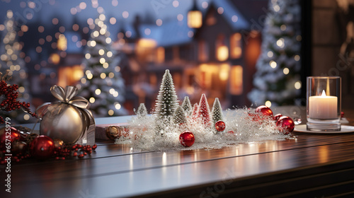 Christmas winter decorations with snowflakes, snow, xmas baubles and fir trees on wooden table photo