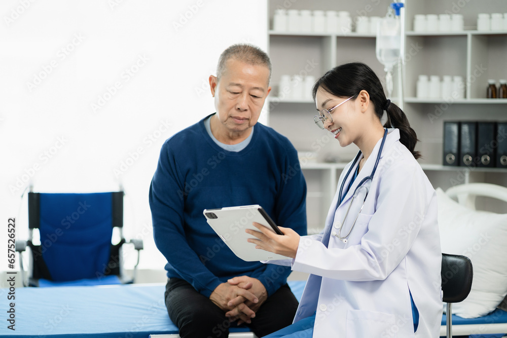 Obraz premium Elderly health checkups with a physician or psychiatrist who works with patients who are consulted in a medical clinic or hospital health service.