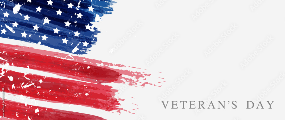 USA Veterans day background. Abstract grunge brushed flag with text. Template for United states of America national holiday. Horizontal banner. - obrazy, fototapety, plakaty 