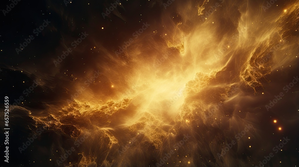 Spectacular close up view at spherical nebula with lighting gas clouds, yellow colored