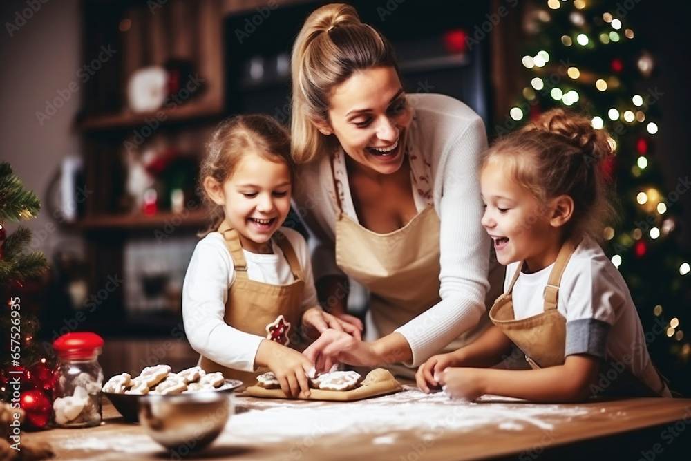Photo of a woman and two children baking cookies in front of a beautifully decorated Christmas tree Photo of a woman and two children baking cookies in front of a beautifully decorated Christmas tree