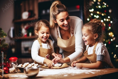 Photo of a woman and two children baking cookies in front of a beautifully decorated Christmas tree