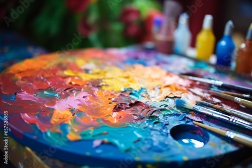 Close-up of a paintbrush on a paint colors tray