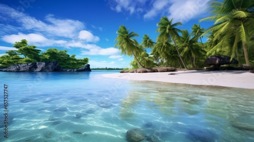 Photo of a tropical paradise with palm trees and crystal clear waters