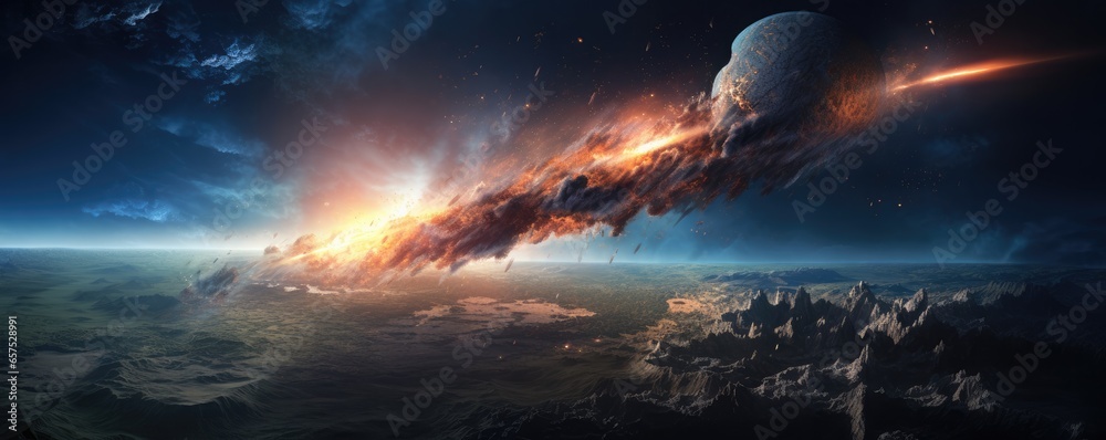 Meteor glowing as it enters the Earth's atmosphere, ultra realistic panorama. Generative Ai. - obrazy, fototapety, plakaty 