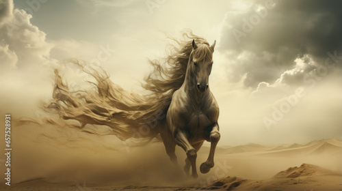 Mythical sand storm earth elemental horse born from dust and stone, legendary guardian of the desert running with the wind, magnificent fantasy stallion
