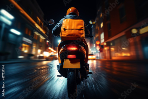 Scooter delivery at night. Night delivery. Late Cargo Delivery. photo