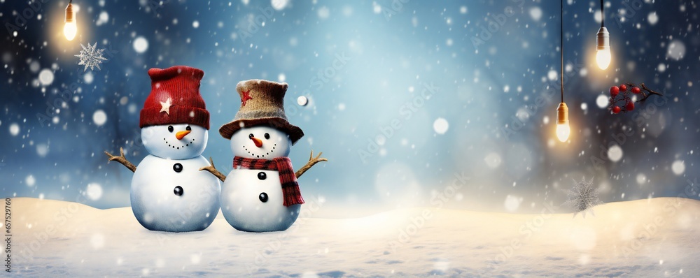 Christmas card with snowmen holding an umbrella in the snow, decorative paintings, with empty copy space Generative AI Christmas card with snowmen holding an umbrella in the snow, decorative paintings, with empty copy space Generative AI