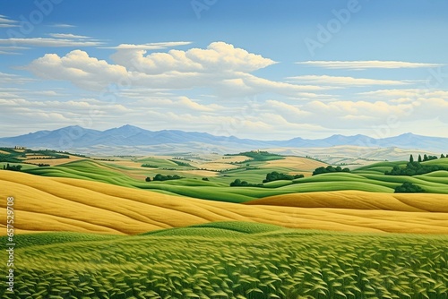 Vast Spanish landscape with green wheat fields. Generative AI