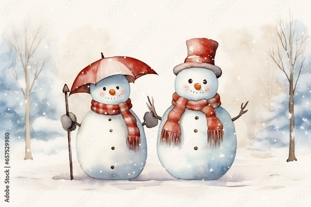 Christmas card with snowmen holding an umbrella in the snow, decorative paintings, with empty copy space Generative AI Christmas card with snowmen holding an umbrella in the snow, decorative paintings, with empty copy space Generative AI