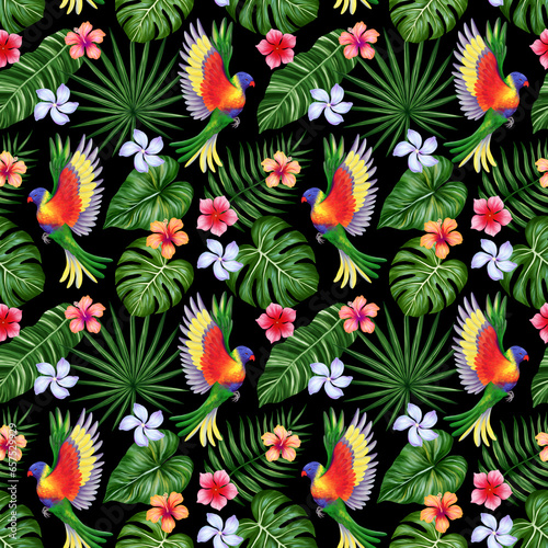 Tropical seamless pattern. Colorful vivid print with beautiful palm jungle leaves, flowers and lorikeet parrots. Repeated luxury design for packaging, cosmetic, fashion, textile, wallpaper.