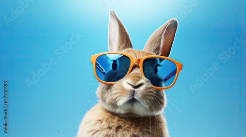 a rabbit wearing sunglasses on a blue background © Rangga Bimantara