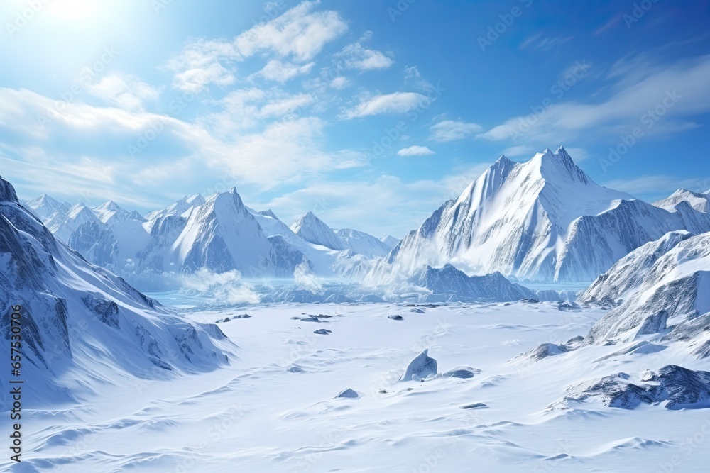 the scenery of a mountain surrounded by snow