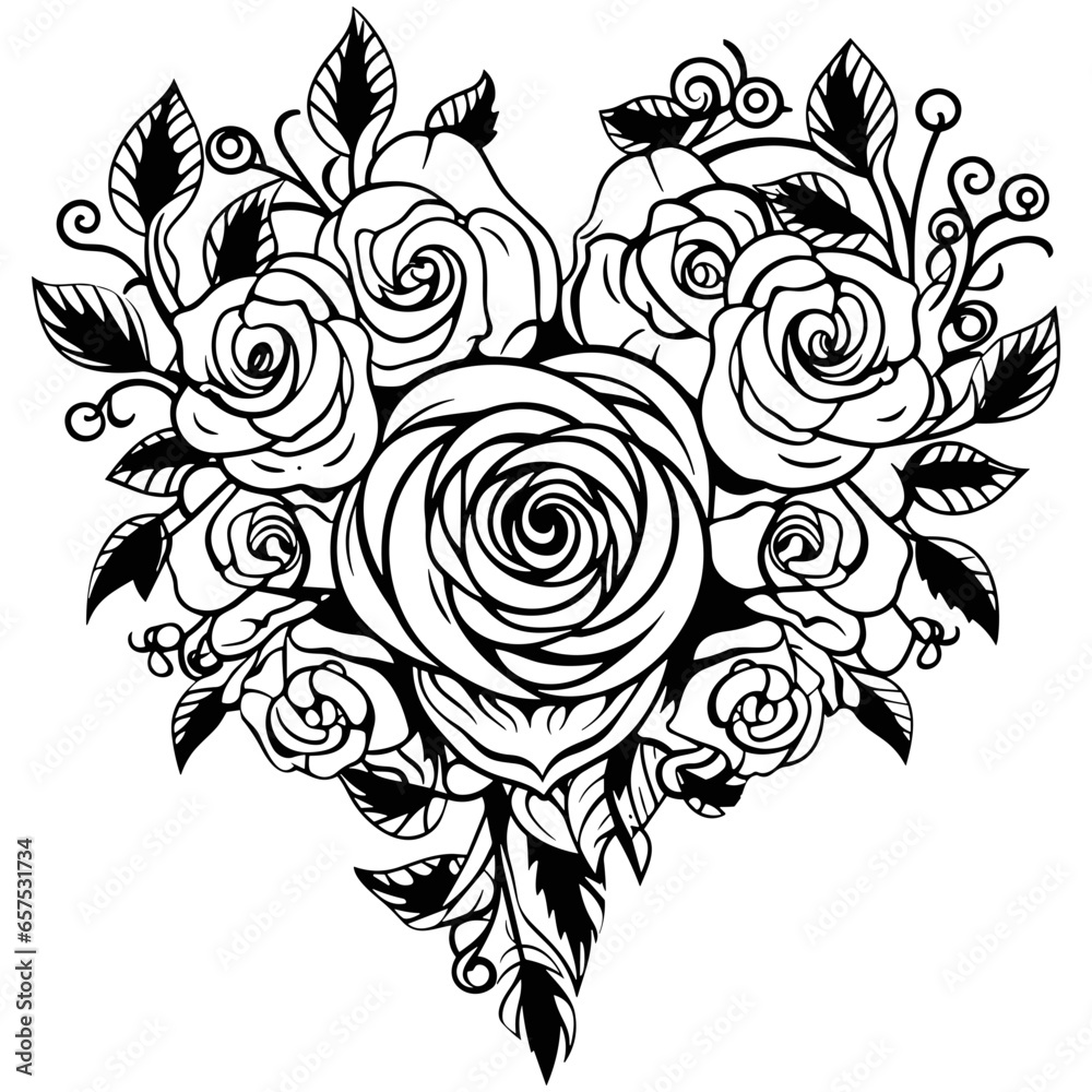 Heart made of roses outline with leaves , heart made of roses