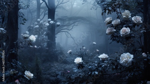 The silver sheen of moonlight filters through dense fog  illuminating delicate camellias. Palette  Silvery blues  deep blacks  and pearly whites