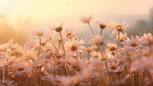 Warm morning haze cloaking fields of daisies, their petals kissed with dew. Palette: Golden yellows, pale greens, and rosy pinks
