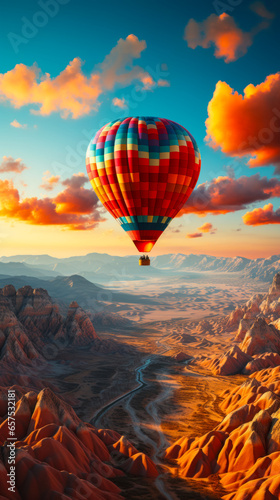 Vertical poster with hot air balloon hovering over valley at sunset, idea for flyer and advertising