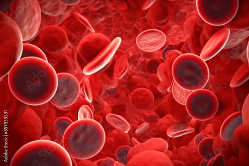 red blood cells flowing in a vessel, 3D illustration. Blood under a microscope. Red cells, red blood cells in detail, close-up.