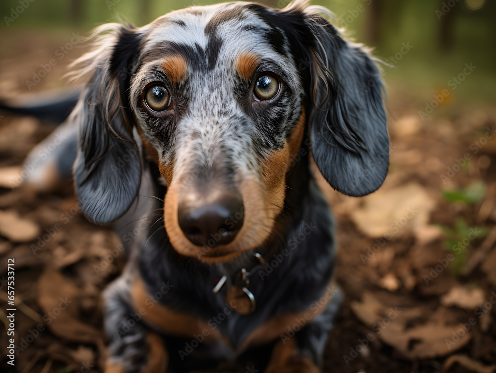 Beautiful close up of dapple Dachshund in the woods in fall Beautiful close up of dapple Dachshund in the woods in fall