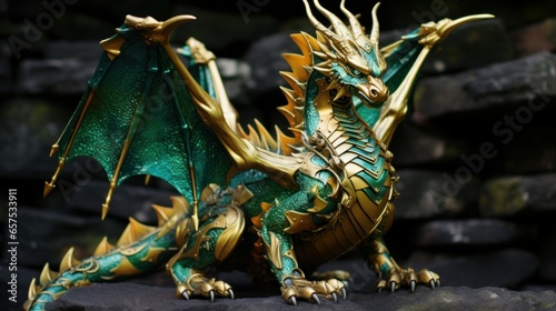 The dragon In the Orient is symbol of supernatural power, wisdom, strength, and hidden knowledge. 2024 Chinese New Year Symbol of 2024 new year green Dragon statuette made of gold and gems © irissca
