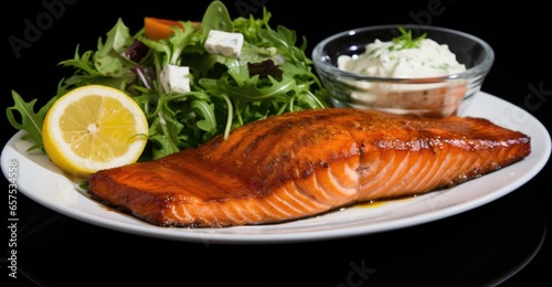 Grilled salmon with arugula salad and tartar sauce on black background