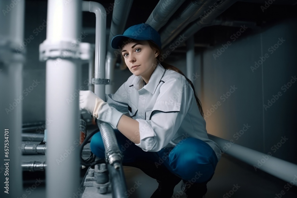 Woman plumber pipes. Female repair fix. Generate Ai