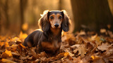 Adorable long haired Dachshund sat in an autumn forest.