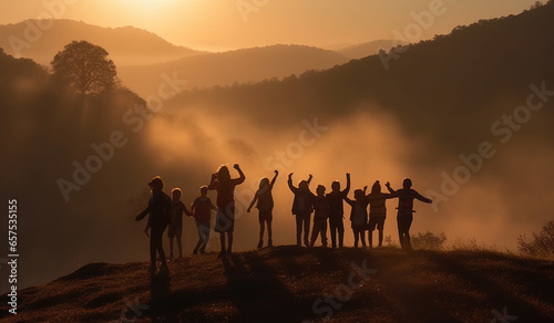Silhouettes of children jumping and standing lined up on the mountain