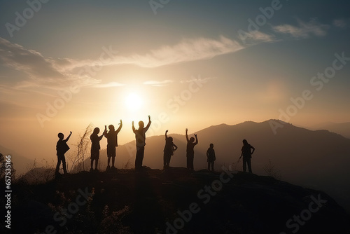 Silhouettes of children jumping and standing lined up on the mountain